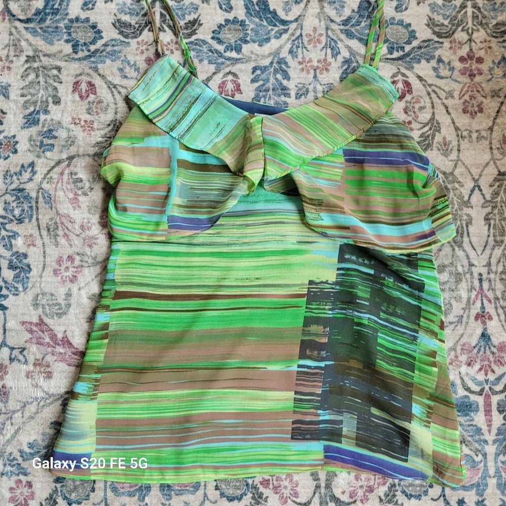 NWT CAbi Green and Blue Ruffled Asymmetrical Tank